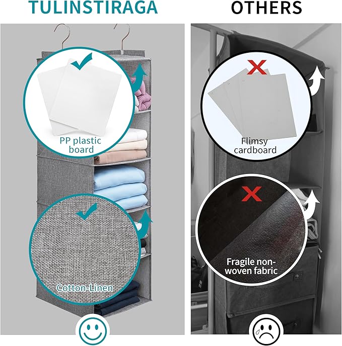 Large Hanging Sweater Organizer for Closet,Collapsible 6-Shelf Hanging Closet Shelves with Drawers, Washable (Beige -5 Shelf)