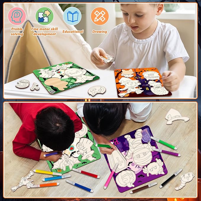 Halloween Wooden Puzzles for Toddlers Halloween Puzzles Coloring Craft Kits for Kids Boys Girls Montessori Toys Halloween Party Favors Treat Bag Gifts Educational Learning Jigsaw Puzzle, 3 Pack
