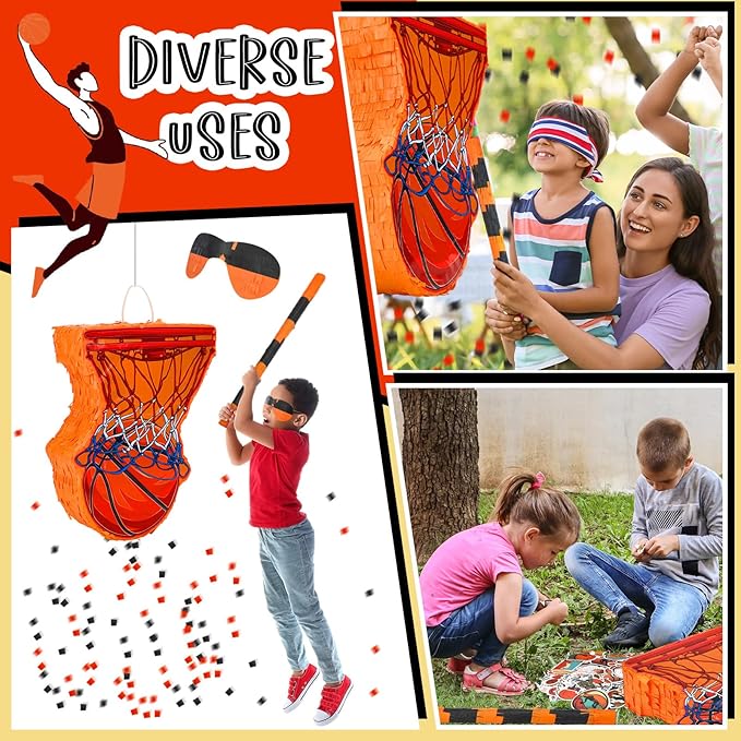 152 Pcs Ball Piñata Ball Party Supplies with Blindfold and Stick for Kids Birthday Party Decorations Foam Stress Balls Slap Bracelets Whistle Ball Favors for Boys Girls(Basketball)