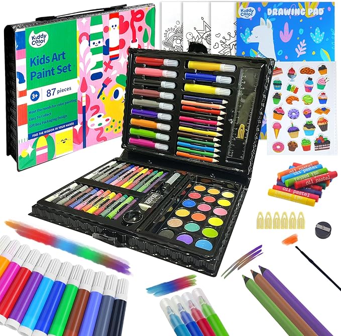 KIDDYCOLOR Kids Art Set, Drawing Art Supplies for Girls & Boys Ages 4-8 with Watercolor Cakes, Oil Pastels, Colored Pencils, Ideal Gift for Young Artist, Black-87pcs