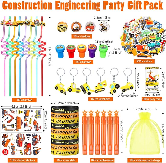 HyDren 194 Pcs Construction Party Favors for 16 People Include Straws Bubble Wands Bracelet Keychain Tattoo Sticker Badge Stamps Cards Organza Bags for Boys Girls Birthday Party Supplies Class Reward