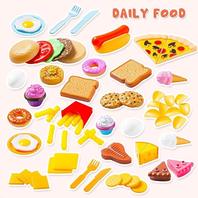 JOYIN 135Pcs Kids Play Food Set, Value Pretend Food for Play Kitchen with Fruit, Vegetable, Can, Dessert, Tableware, Bottles, Dramatic Plastic Toys for Toddler Boys Girls 3+ Years