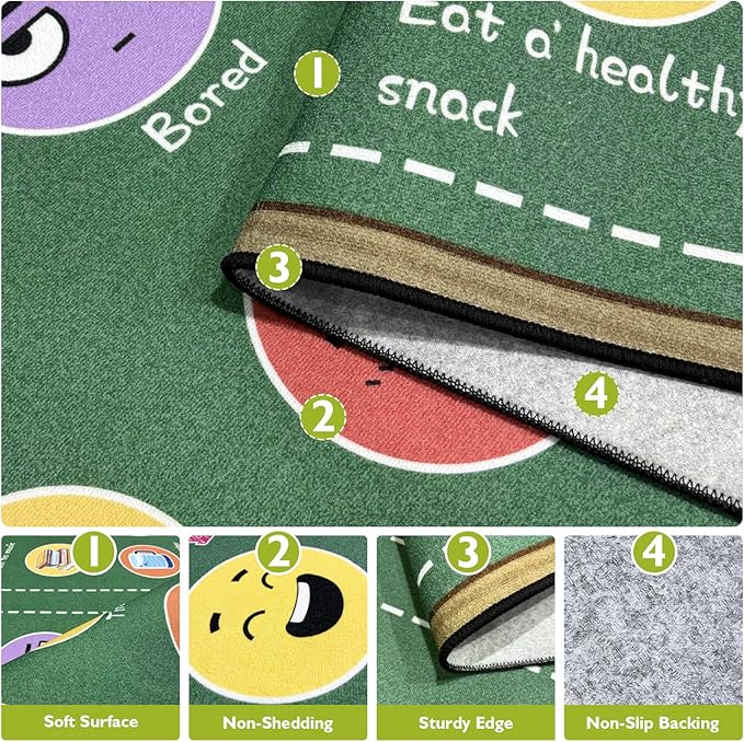 Classroom Rug Elementary 5x7ft for Playroom, Educational Smiley Face Kids Play Mat, Calming Corner Sensory Emotion Feelings Rug for Kids Room Nursery Bedroom, Non-Slip Washable(Green)