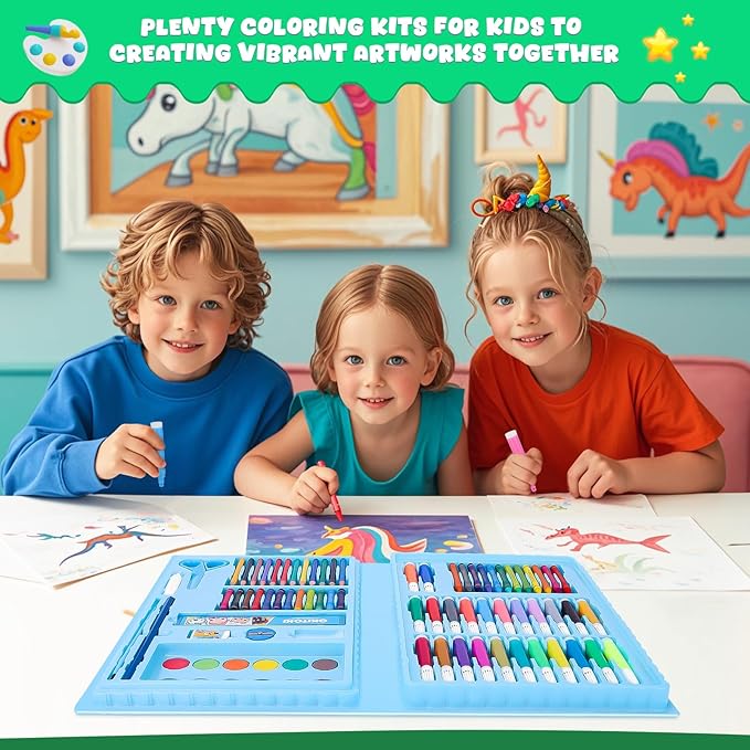 homicozy Art Supplies, Dinosaur Drawing & Coloring Set with Crayons, Colored Pencils, Markers, Sketchbook, Watercolor Cakes, Stencils, Arts and Crafts Painting Kit for Kids Ages 4-10, Girls Boys Gift