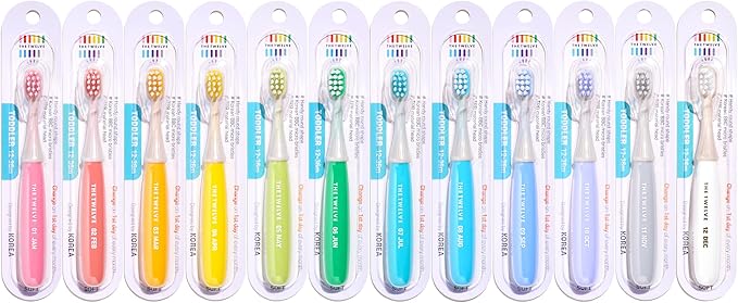 The Twelve Step2 Toddler Toothbrush Pastel – (Monthly Replacement Reminder), (Korean BBC Bristles), (12 Fun Rainbow Colors), Soft Tooth Brush for Ages 1-3, 12-Pack