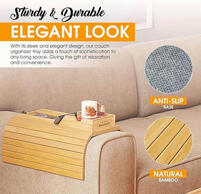 Bamboo Couch Cup Holder Tray with 2 Cork Coasters, Caddy, Anti-Slip Foldable Armrest Sofa Tray, Anti-Spill Holder for Remote, Snacks, Cellphone - Ideal Gift