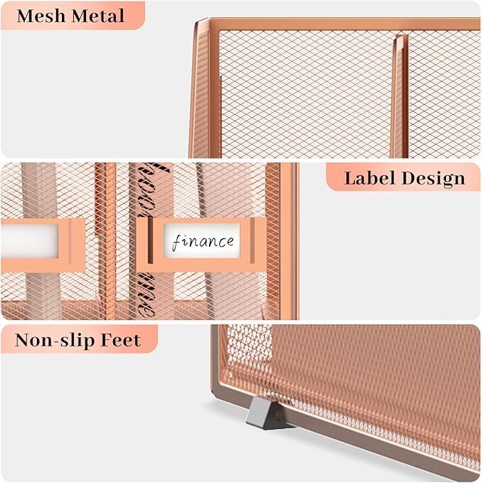 SUPEASY Desk Organizers Metal Desk Magazine File Holder with 5 Vertical Compartments Rack File Organizer for Office Desktop, Home Workspace, Rose Gold