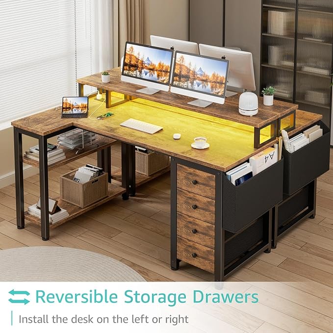 Lufeiya L Shaped Gaming Desk with Led Lights and Power Outlets, 47 Inch Corner Home Office Desk with Monitor Stand Shelves, Writing Study Computer Desks with Fabric Drawers for Bedroom, Rustic Brown