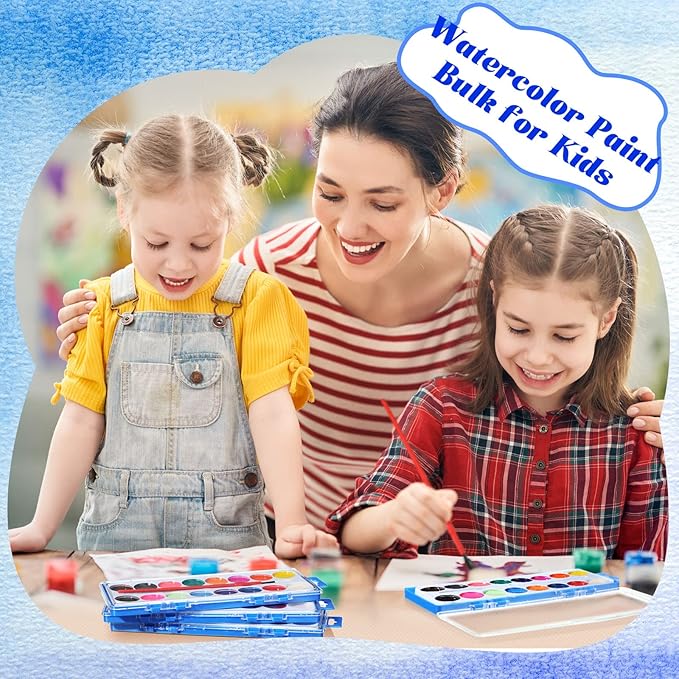 Jexine 48 Pieces Watercolor Paint Sets for Valentine's Day Gifts 16 Washable Water Color Paints Washable Bulk with Paintbrushes for Valentine School Classroom Birthday Gift Art Party Favors