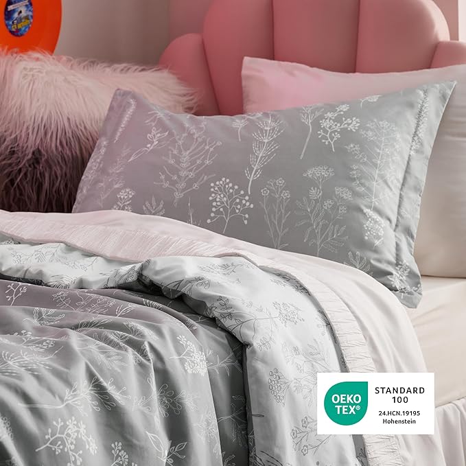 Bedsure Twin/Twin XL Comforter Set - Grey Bed Set, 2 Pieces Cute Floral Bedding, 1 Soft Reversible Botanical Flowers Comforter and 1 Pillow Sham