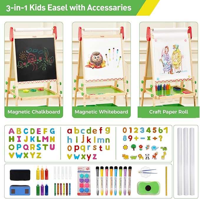 FUNLIO Anti-Warping Kids Art Easel, 3 Height Adjustable for Kids Aged 2-8, All-in-One Toddler Easel with Paper Roll & Erasable Frame, Standing Easel with Magnetic Chalkboard/Whiteboard (Green)