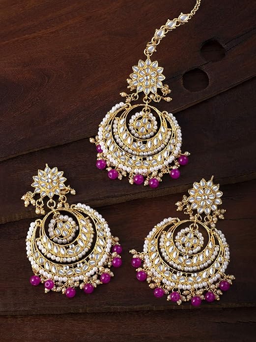 Aheli Bollywood Ethnic Chandbali Style Big Earrings Maang Tikka Set Traditional Fashion Jewelry Gift for Women