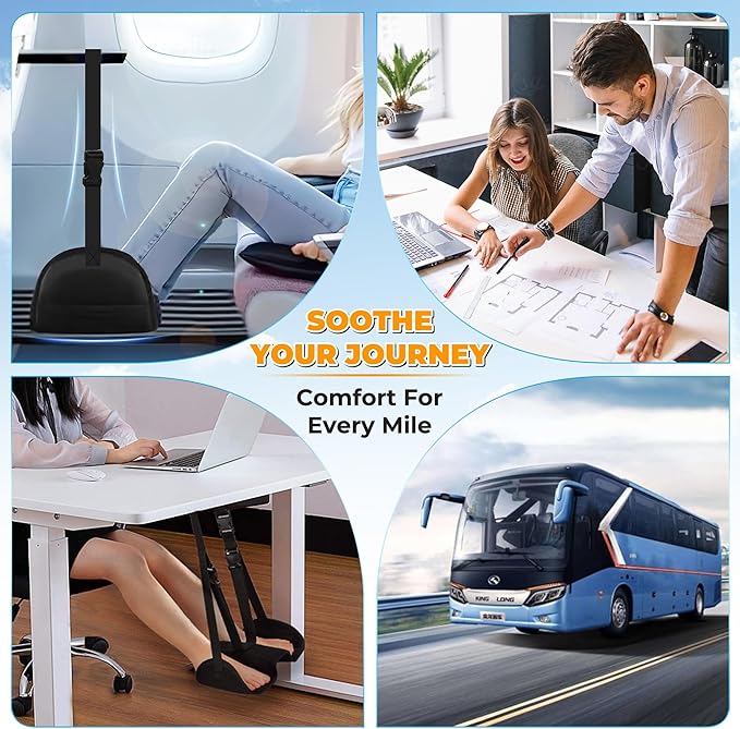 KwonfaiDelil Airplane Foot Hammock - Portable Travel Foot Rest with Adjustable & Detachable Straps for Ergonomic Support on Flights, Cars, Trains, Lightweight & Packable for Long Haul Travel & Office