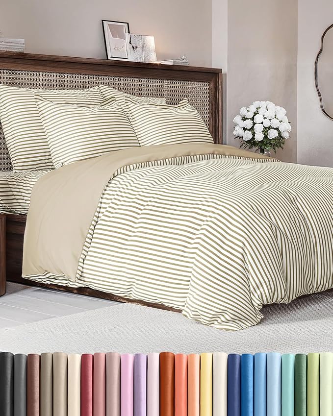 Duvet Cover King Size Set - Extra Soft King Size Duvet Cover 104 x 90 with 2 Pillow Shams - Hotel Luxury Easy Care & Fade Free w/Zipper Closures & Ties - Comfy Breathable Bedding Set (Beige Stripes)