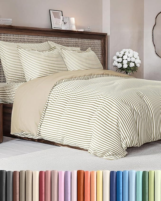 Duvet Cover King Size Set - Extra Soft King Size Duvet Cover 104 x 90 with 2 Pillow Shams - Hotel Luxury Easy Care & Fade Free w/Zipper Closures & Ties - Comfy Breathable Bedding Set (Beige Stripes)