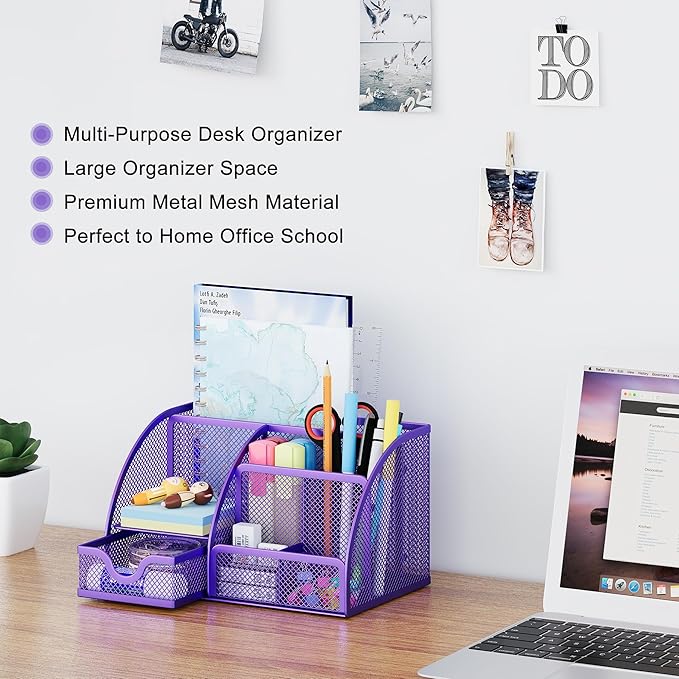 EasyPAG Mesh Desk Organizer with Drawer Multi-functional Pen Holder Stationery Organizer for Office School Supplies 6 Compartments Dorm Organizers and Storage for Desk, Purple