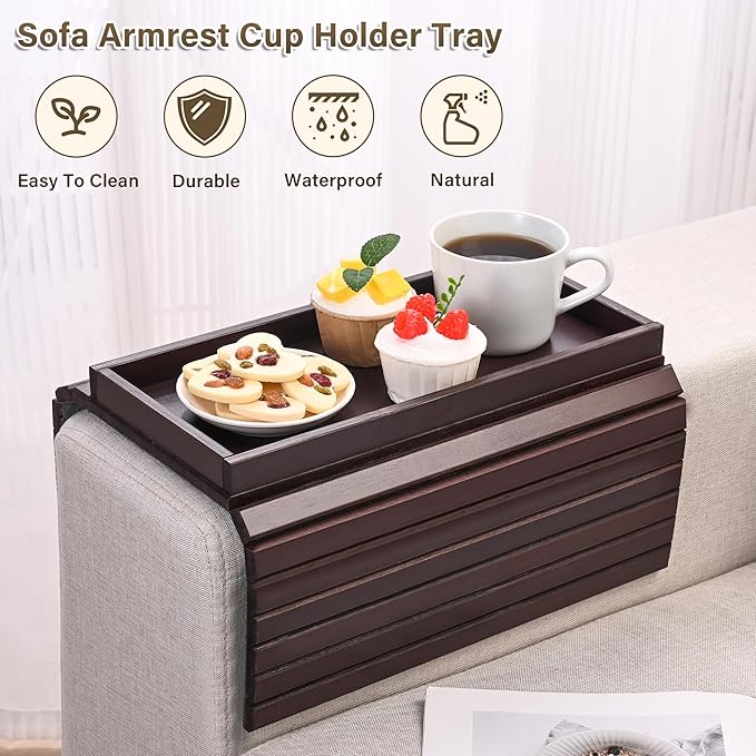 Bamboo Sofa Arm Tray, Anti-Dropping Couch Arm Tray, Foldable Sofa Armrest Tray Couch Arm Table for Eats, Drinks, Snacks, Remote, Cellphone, Cup Holder, Back Anti-Slip Pad Design