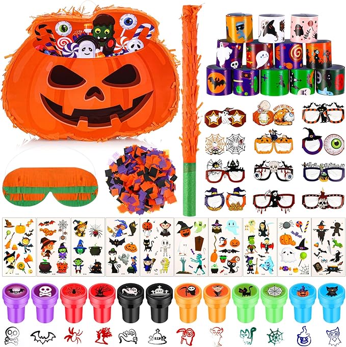 Jenaai 50 Pcs Halloween Piñatas Party Favors Include Large Piñatas with Blindfold Slap Bracelets Paper Eyeglasses Glow in the Dark Stickers and Stamper Halloween Party Supplies(Pumpkin)