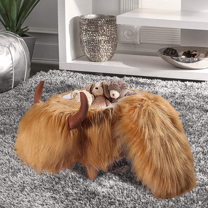 GIA Kids Ottoman with Storage, Foot Stand and Wooden Legs, MacGregor Highland Cow, Brown