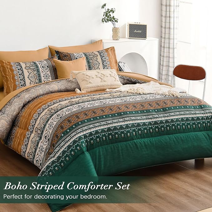 Cottolester Boho Comforter Set King Size,8 Pieces Brown and Green Bohemian Striped Bed in a Bag,Paisley Soft Microfiber Bedding Comforter Set