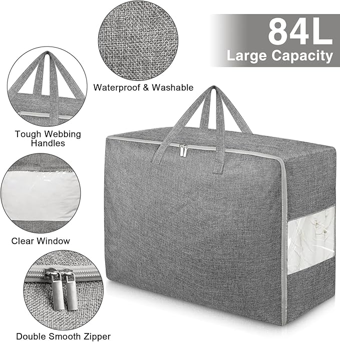 2Pack 84L Large Storage Bags, Folding Moving Comforter Blanket Storage Bags Closet Organizers and Storage Containers with Strong Handles&Zippers Clear Window for Clothes Bedding Pillow, Grey