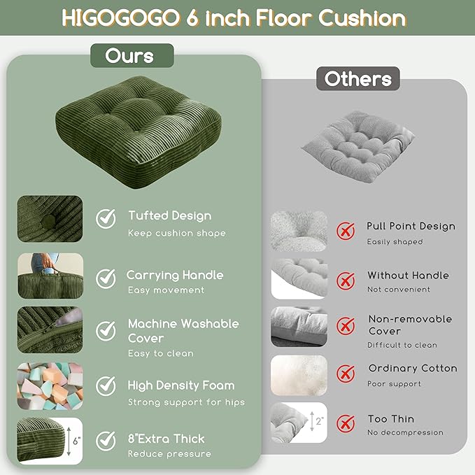 6" Washable Floor Pillow Cushion for Adults, Meditation Cushion Pillow, Large Square Floor Sitting, Removable Tufted Corduroy Cover, for Tatami Living Room or Yoga, 22x22 Inch, 2Pack, Machine Washable