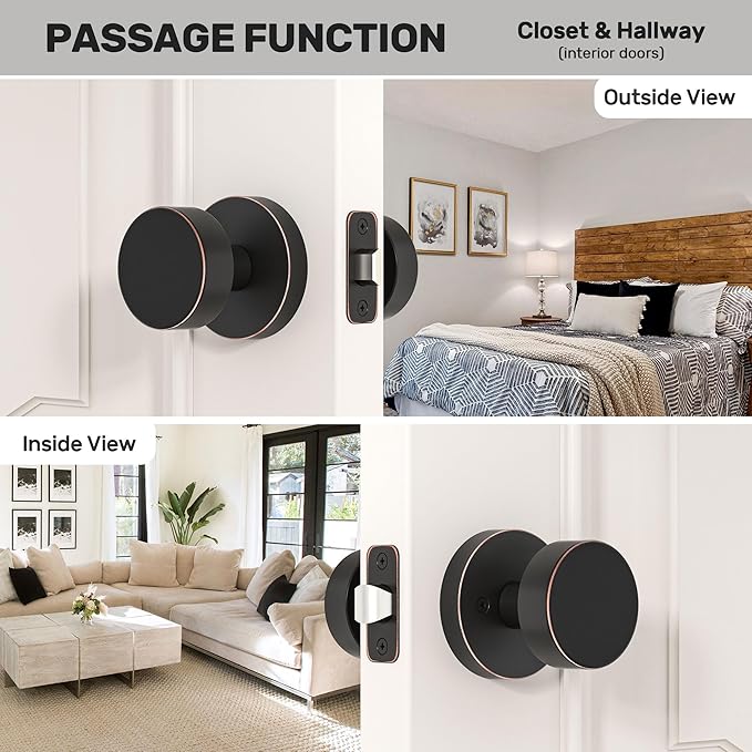 Antique Bronze Passage Door Knobs Interior, Vintage Round Door Handles for Closet and Hallway Doors, Non-Locking Passage Door knob in Oil Rubbed Bronze Finish