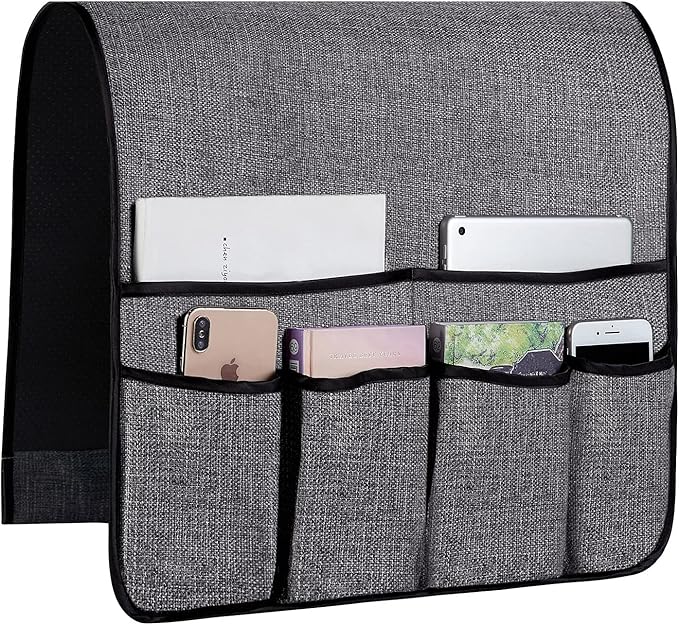 FLYILY Sofa Armrest Organizer Non-Slip Arm Chair Hanging Caddy Remote Control Holder for Magazine,Tablet, Phone, Books, Glasses (B-Grey(19'')