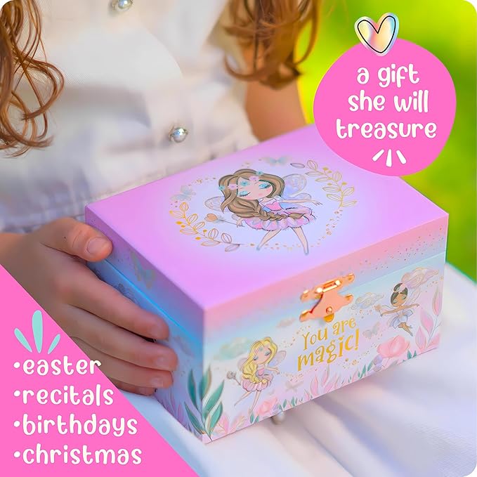 Giggle & Honey Musical Fairy Jewelry Box for Girls - Kids Music Box with Spinning Fairy and Mirror, Princess Birthday Gifts for Little Girls, Childrens Jewelry Boxes for Ages 3-10 - 6 x 4.7 x 3.5 in