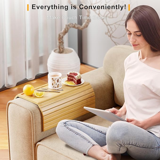 Bamboo Sofa Armrest Tray Table for Couch - 2-in-1 Couch Arm Table with Be Slide Detachable Tray- Anti-Slip Foldable Sofa Armchair Caddy for Drinks Cellphone TV Remote Snacks (Bamboo)
