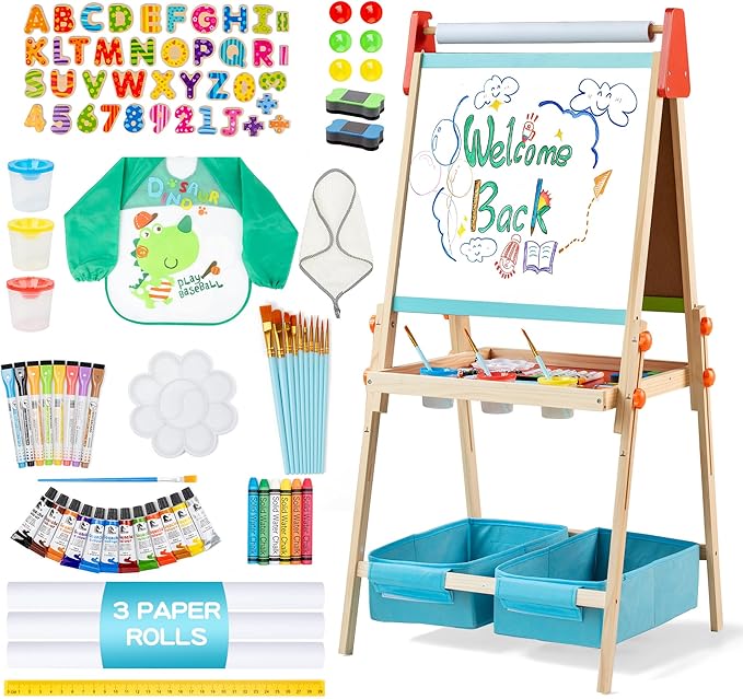 3 in 1 Adjustable Kids Art Drawing Easel Set-Sided Magnetic Whiteboard & Chalkboard with Painting Paper Roll - Versatile Art Station Gift for Toddlers, Kids and Childrens Ages 3+