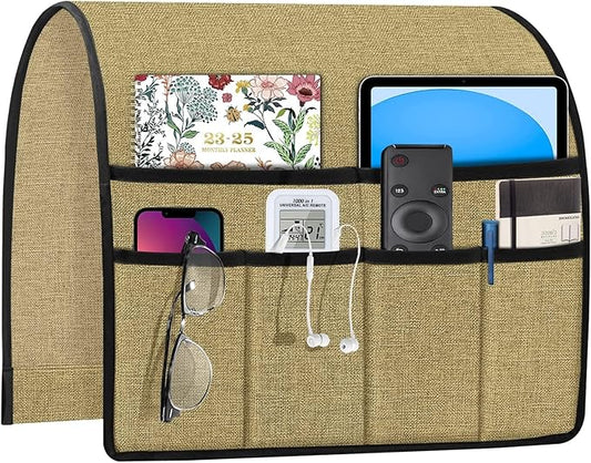 Joywell Armrest Organizer Remote Holder for Recliner Armchair Caddy Couch Sofa Arm Chair Caddie with 6 Pocket Storage for Magazine, iPad, Phone,Linen