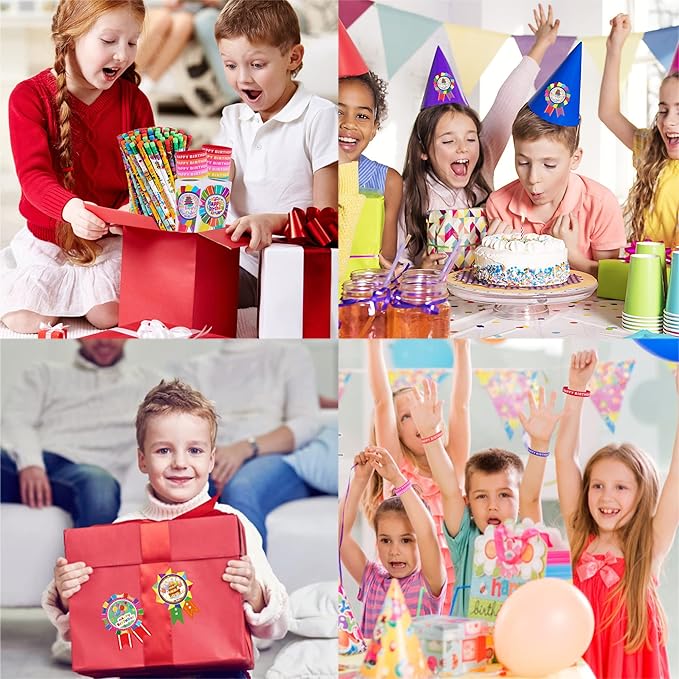 Kolewo4ever 400 Pieces Happy Birthday Gifts for Student 100 Happy Birthday Rubber Bracelets,100 Pencils,200 Happy Birthday Badge Stickers for Teachers Classrooms Reward Birthday Party Favors