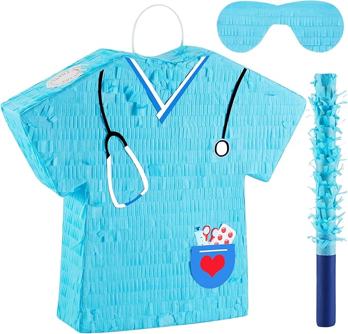 Lewtemi 14.1 Inch Nurse Piñata Bundle with Blindfold, Bat and Confetti, Blue Nurse Party Piñata, Nurse Party Favor, Piñatas for Graduation Gift Rn Themed Birthday Party Nursing School Party Supply