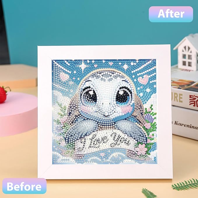 hkejoi Turtle Diamond Art Painting Kits for Kids with Frame, Cartoon Diamond Art for Kids Ages 4-6-8-12, Easy Kids Gem Art Kit with Cartoon Box for Home Wall Decor 7x7inch