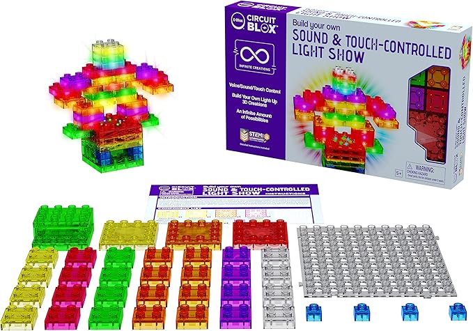 E-Blox Building Blocks STEM Circuit Kit, Build Your Own Sound & Touch Controlled Light Show, LED Lights Fade in & Out, Reacts to Voice & Music, Science, Birthday Gift, Boys, Girls, 5+