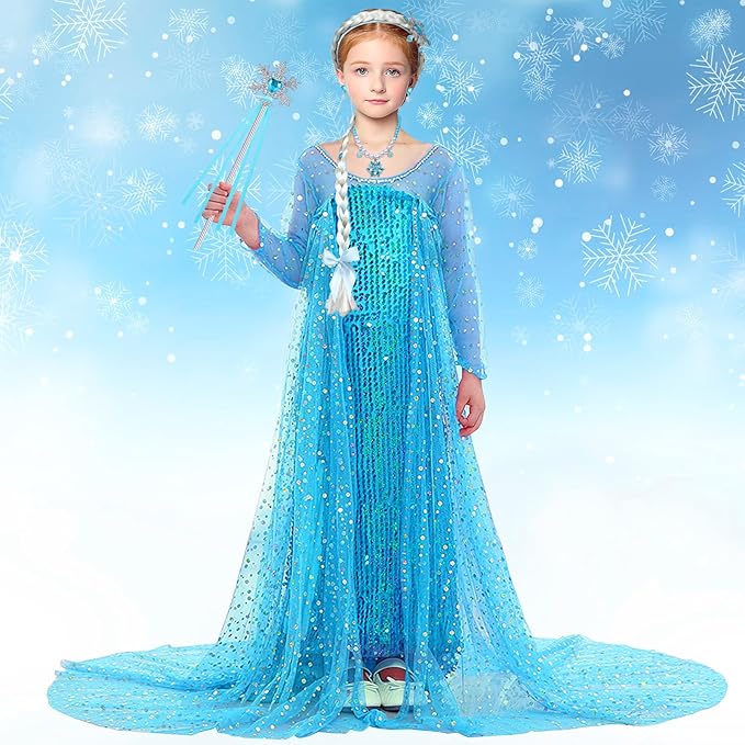 Latocos Girls Elsa Dress Costume Princess Dresses for Girls Ages 3-10 with Long Cape for Birthday Halloween Cosplay