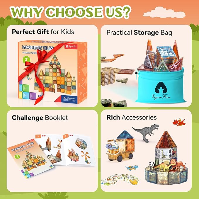 VigorFun Magnetic Tiles Set, Magnet Tiles Building Blocks with Car Animal Models and Stickers, Construction Educational STEM Sensory Toys Gifts for 3 4 5 6 7 8 + Year Old Kids Toddlers Boys Girls