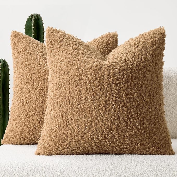 Woaboy Faux Fur Throw Pillow Covers 18x18 Inch Set of 2 Boucle Neutral Decorative Sherpa Fuzzy Accent Soft Sheepskin Fleece Cushions Modern Home Decor for Couch Sofa Bedroom Living Room,Light Brown