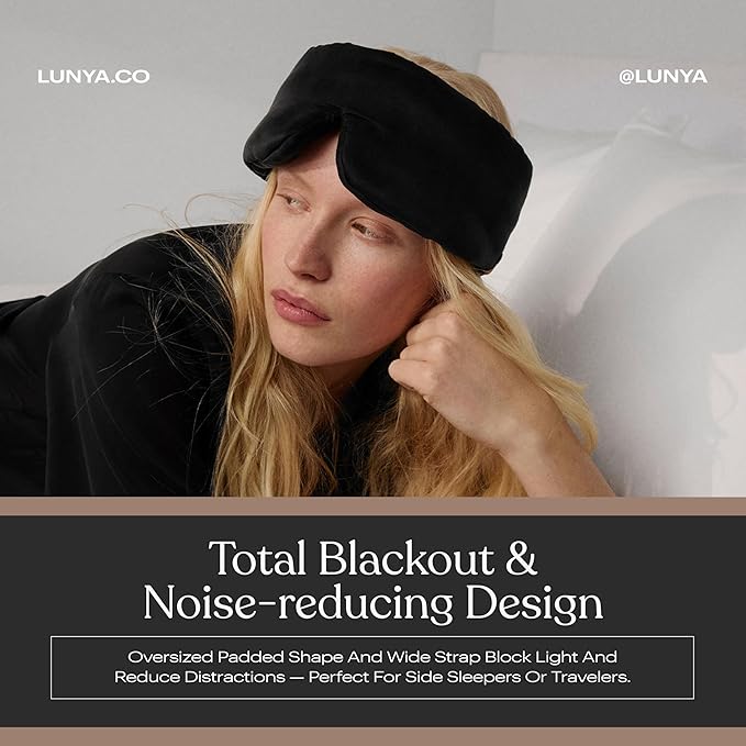 Lunya Weighted Silk Sleep Mask – Mulberry Silk Eye Cover with Cooling Glass Beads, Noise-Reducing Fit, Washable Fabric, and Travel Pouch – Sleeping Mask for Men and Women - Black – Large