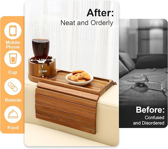 Couch Cup Holder, Acacia Wood Couch Arm Tray with 360° Rotating Cup Holder,Foldable Anti-Slip Sofa Arm Chair Tray for Eating Snack Drink Side Table