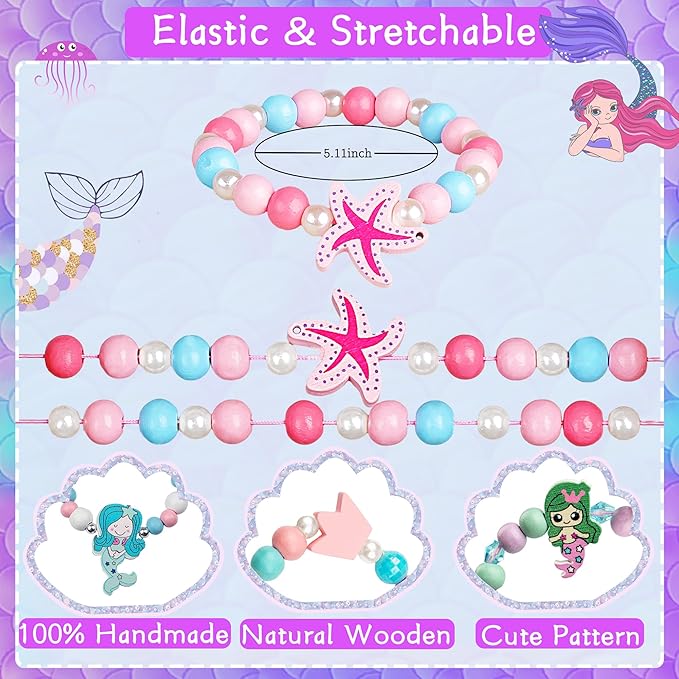Kids Bracelets Mermaid Party Favors - 12 Pack Cute Toddlers Little Girls Ocean Wooden Beaded Bracelets, Costume Play Jewelry Princess Birthday Goodie Bag Stuffers Pinata filler Classroom Prize Gifts
