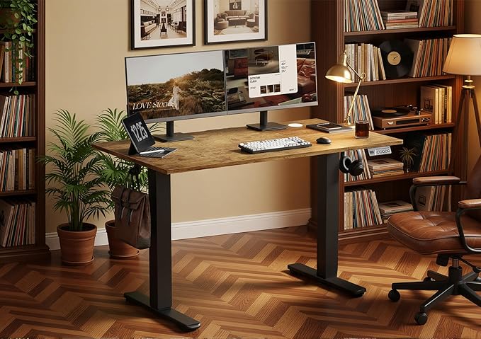 Seang Electric Height Adjustable Standing Desk, 48 x 24 Inch Sit-Stand Desk with Stable T-Shaped Frame, 3 Memory Buttons & Cable Organization for Home Office Workstation, Black Frame/Rustic Brown Top