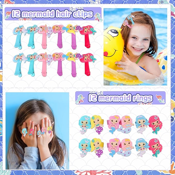 132Pcs Mermaid Party Favors, Mermaid Party Supplies for Girls Include Keychains, Slap Bracelets, Rings, Clips, Stampers, DIY Sticker, Stickers, mermaid goodie bags, Perfect for mermaid give away gift