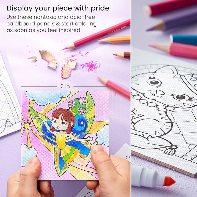 Arteza Kids Fantasy Coloring Kit, 3 Canvases 4 x 4 Inches, 10 Markers, 16 Watercolor Pencils, 1 Paint Brush, 1 Sharpener, Art Set for Kids Activities