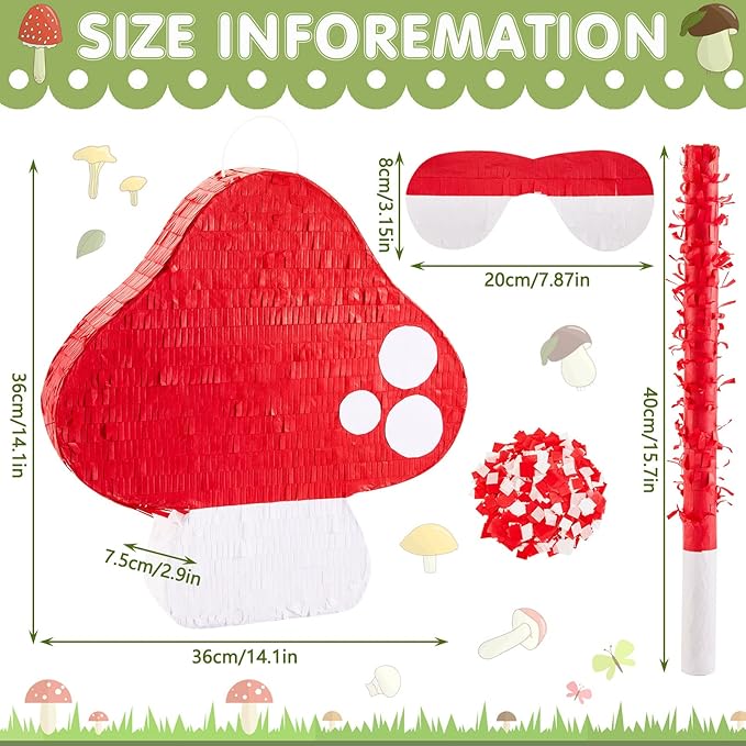 Lewtemi Mushroom Piñata 3D Mushroom Shaped Piñata Mushroom Party Favor with Blindfold Bat Confetti for Forest Jungle Fairy Theme Woodland Birthday Party Baby Shower Garden Decor, 14.9 x 14.1 x 2.95"