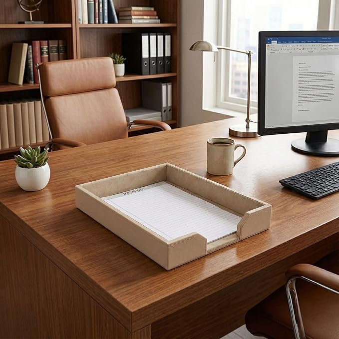 DACASSO Bonded Leather Desktop Letter Tray - Luxury Letter Holder & Paper Organizer for Desk - Office Organization & Executive Desk Decor - (White Latte)