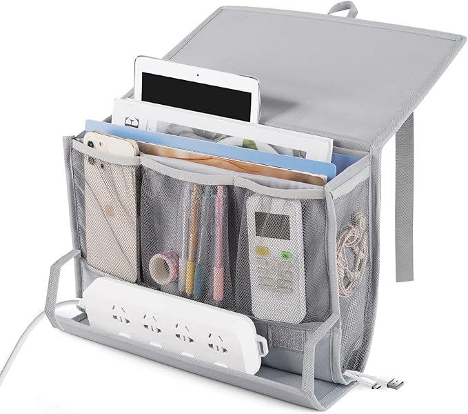 Bedside Storage Organizer with Power Strip Holder and Adjustable Straps Bed Hanging Bag for Home Bunk Bed Dorm Sofa (Light Gray)