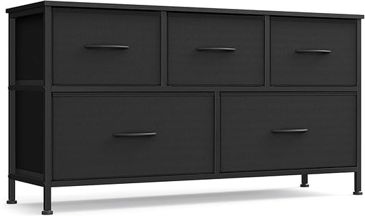 SONGMICS Dresser for Bedroom, Chest of Drawers, Steel, MDF, 5 Non-Woven Fabric Drawers, Storage Organizer Unit, Closet, Entryway, Ink Black and Ebony Black ULGS322B01S