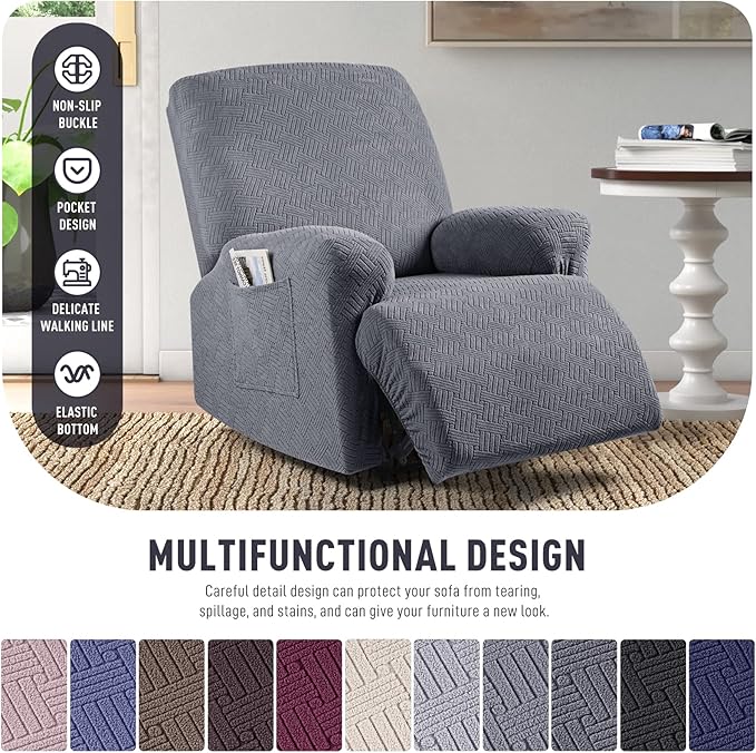 KinCam Recliner Covers, Stretch Reclining Chair Covers, Recliner Sofa Slipcovers Stripe Jacquard Recliner Couch Covers Furniture Protector Covers for Pet Kid (1 Seater, Dark Gray)